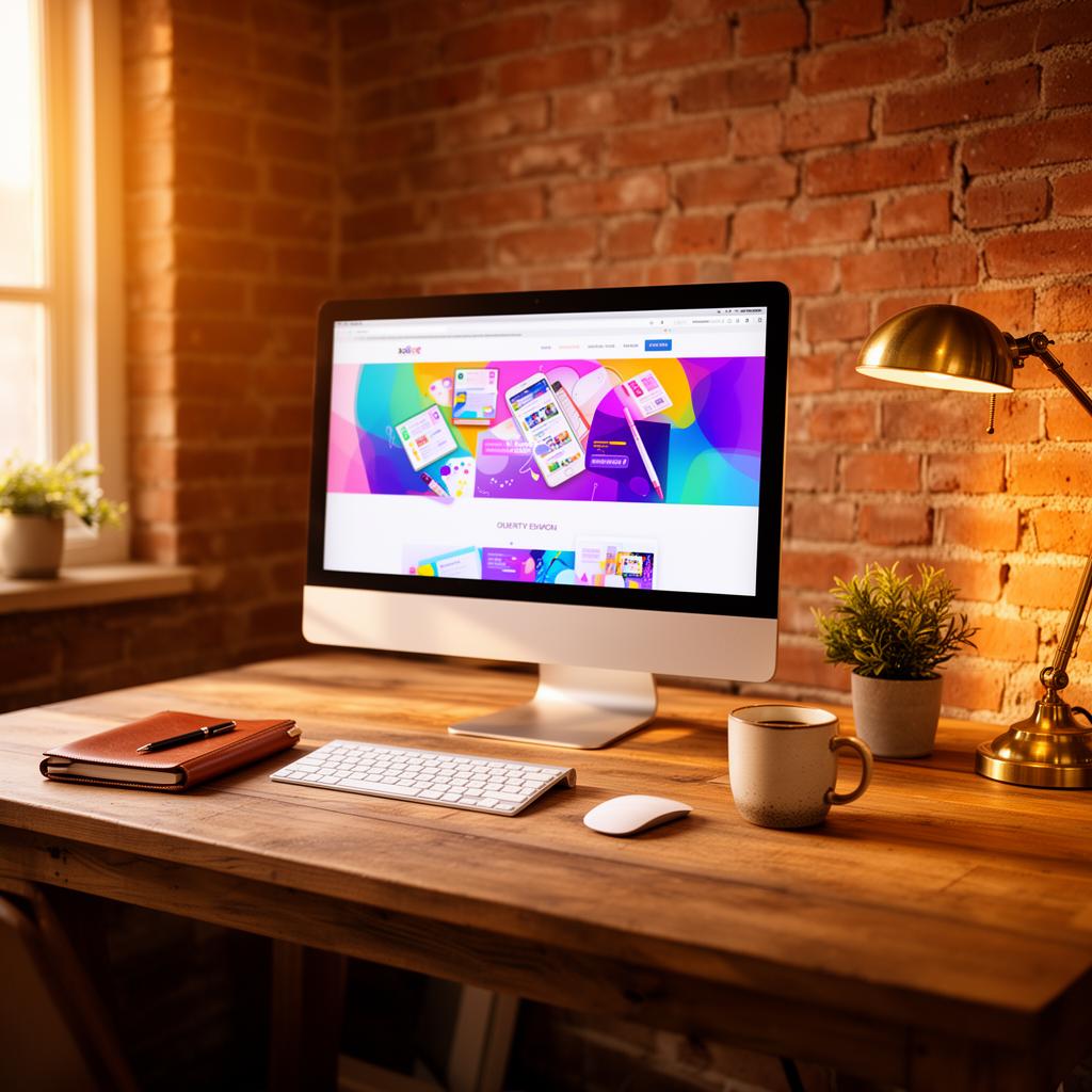 Warm illustration of a small studio desk with a laptop showing website mockups, a notebook with wireframe sketches, coffee and a plant