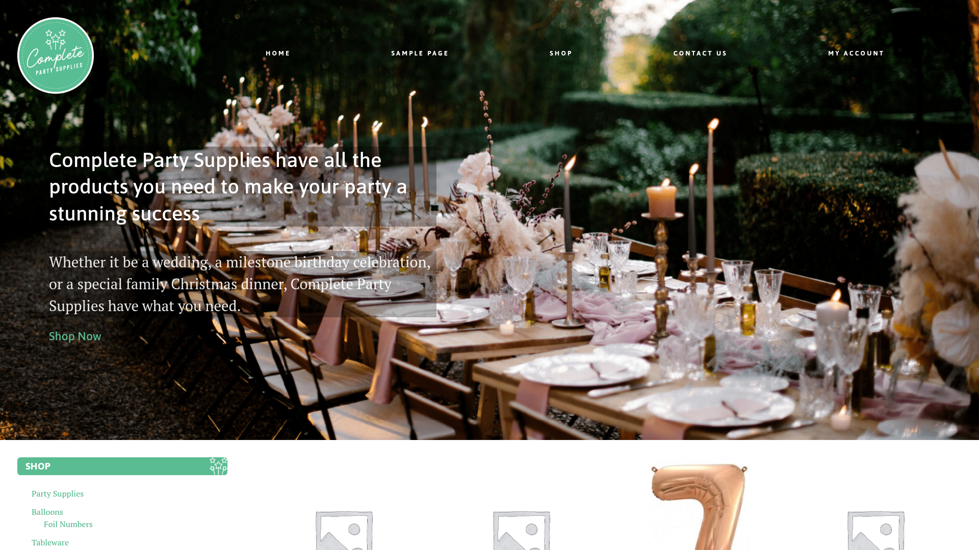 Screenshot of the Complete Party Supplies website homepage