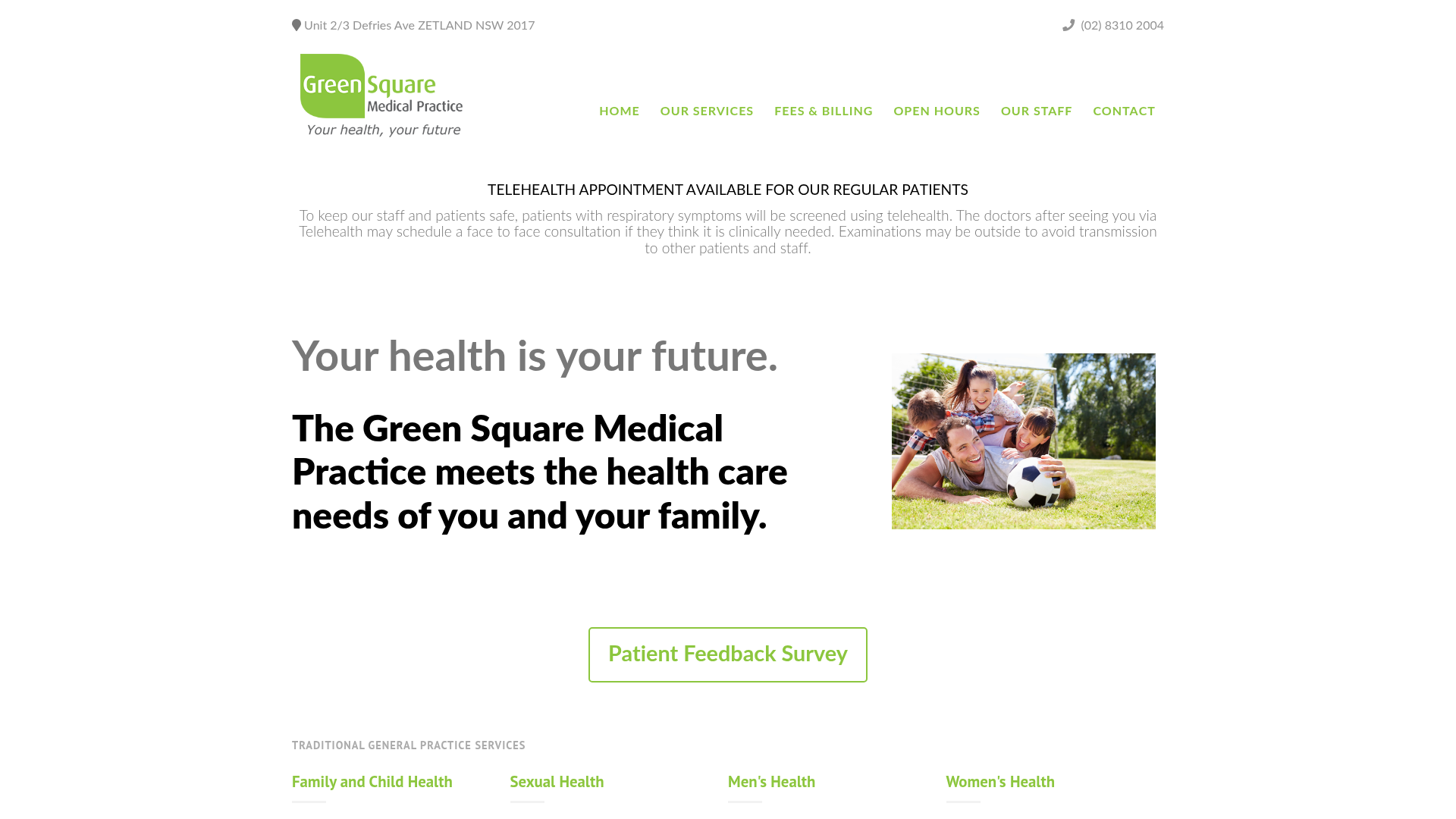 Screenshot of the Green Square Medical Practice website homepage