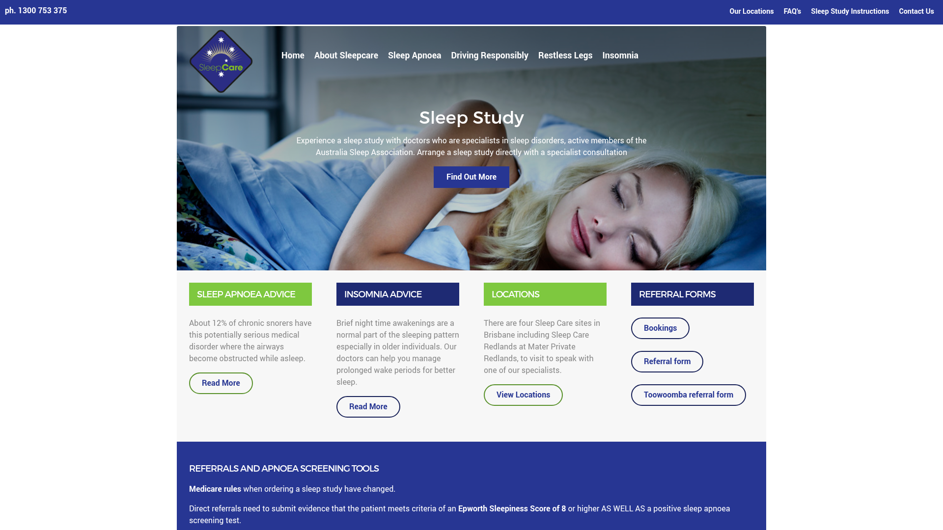 Screenshot of the Sleep Care website homepage