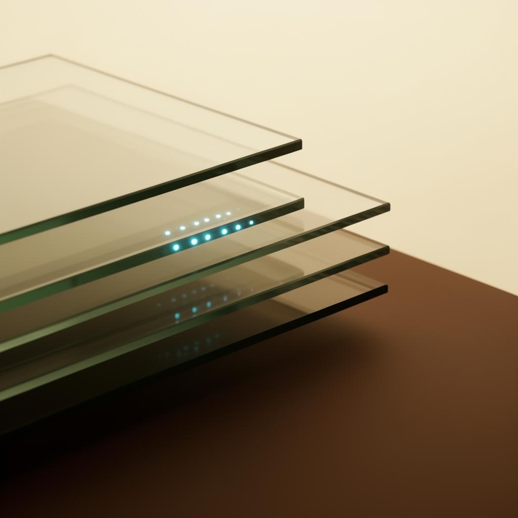 Abstract stacked glass panels with soft server indicator lights