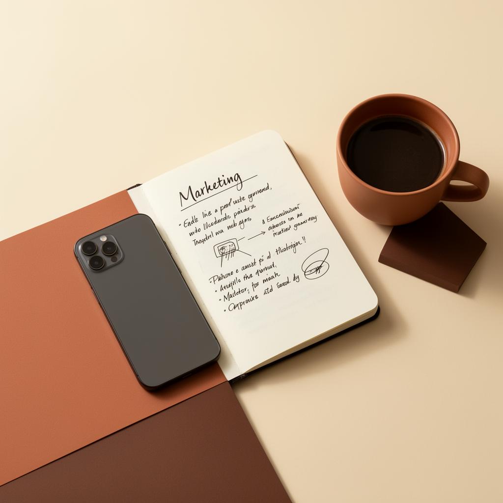 Notebook with marketing notes beside a smartphone and coffee cup