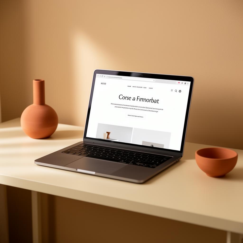 Laptop displaying a clean modern website on a warm cream desk
