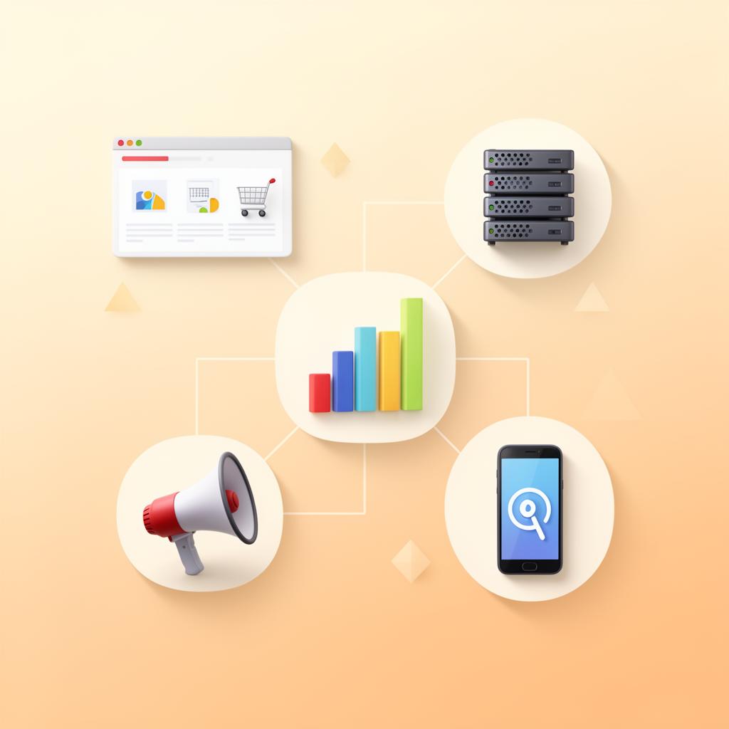 Illustration showing the six Tube Media services — websites, e-commerce, hosting, analytics, marketing and apps